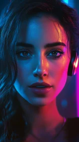 Neon-lit woman in headphones gazes forward with quiet intensity