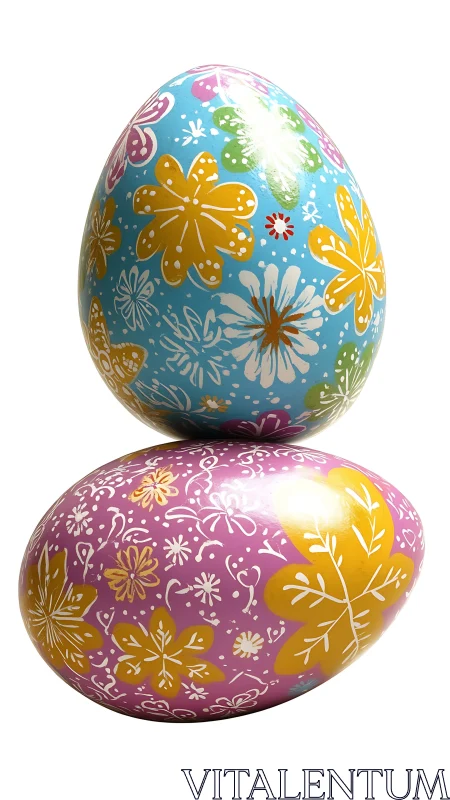 Glossy floral-patterned decorative eggs in balanced vertical stack.