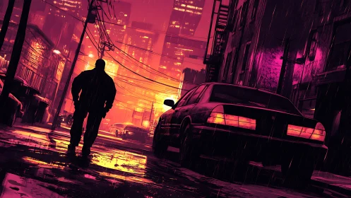 Neon soaked city street welcomes a lone figure in the rain