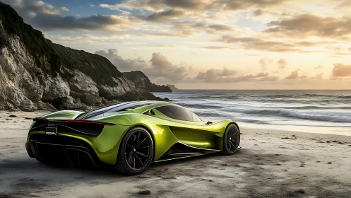 Sunset-shining green supercar savors a quiet ocean escape
