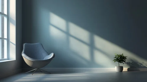 Modern lounge chair by window with plant and shadows.