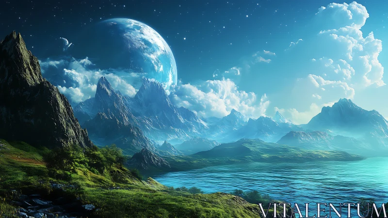 Alien coastline under luminous planet and crystal peaks.