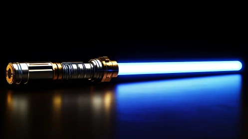 Blue energy sword glows over reflective dark surface.