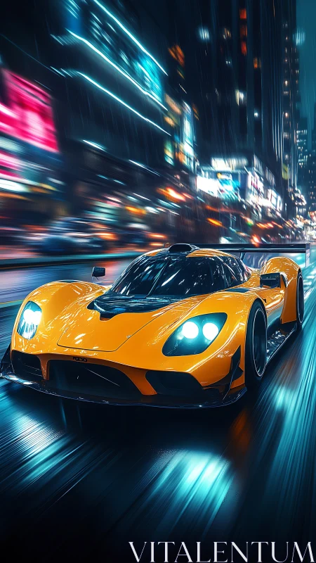 Yellow sports car on wet neon city street at night.