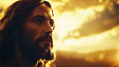 Side profile of bearded male figure against bright sky