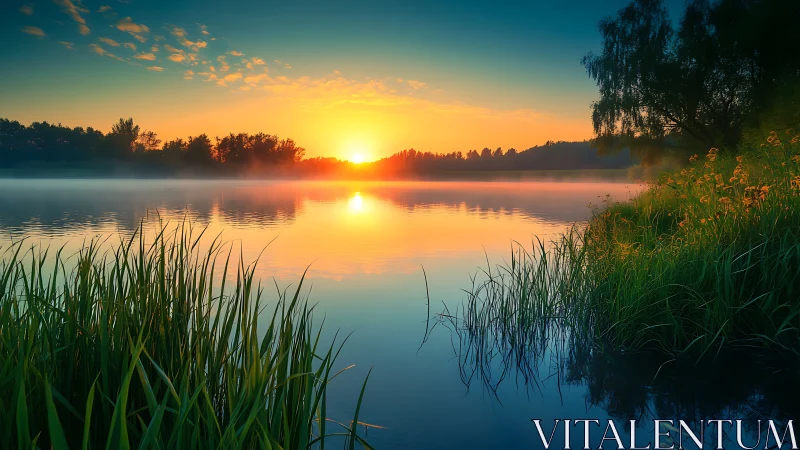 Sunrise slips like liquid gold across the quiet misty lake