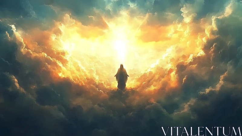 Radiant celestial figure emerges from blazing golden clouds