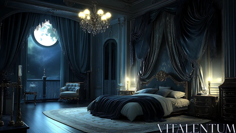 Moonlit royal chamber where velvet shadows learn to glow.