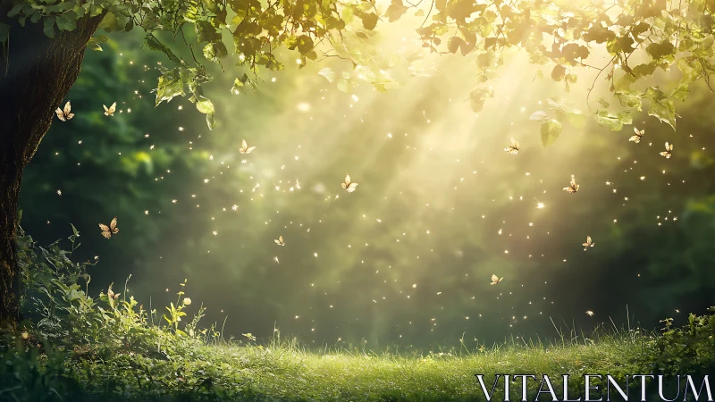 Sunlit forest glade where butterflies write bright spells.