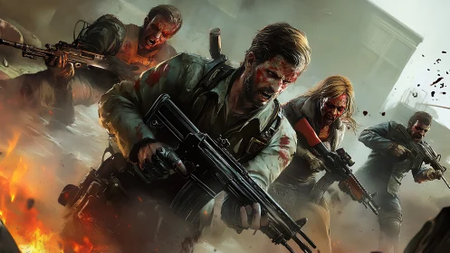 Heavily armed soldiers advance through burning battlefield chaos