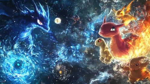 Elemental duel composition with cosmic fire and water forms.