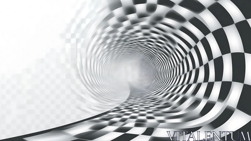 Sweeping checkerboard tunnel bends into a soft glowing distance