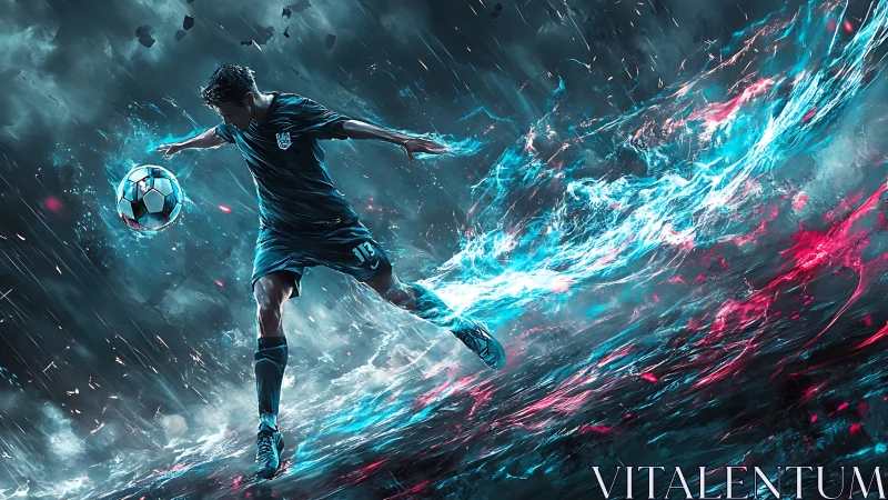 Soccer player drives glowing ball through storm energy surge