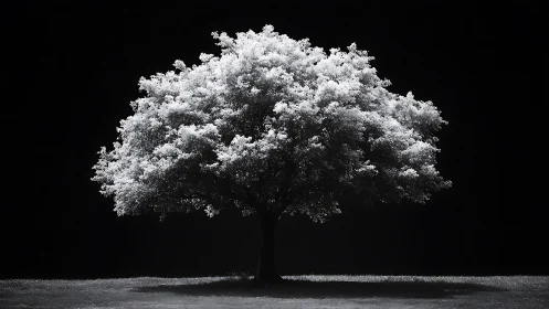 Solitary deciduous tree on grass against black background.