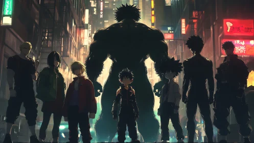 Neon alley heroes gather beneath a towering green titan.