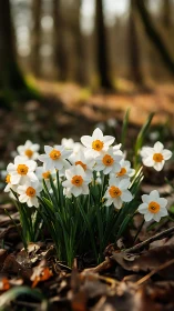 White daffodils with orange centers in forest setting.