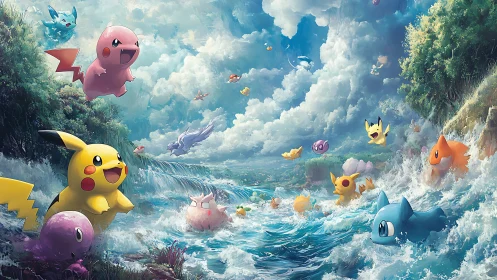 Playful electric creatures surge through stormy coastal surf.