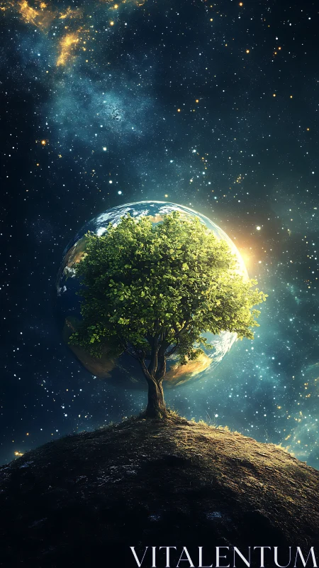 Lonely starlit tree cradling a glowing world in space.
