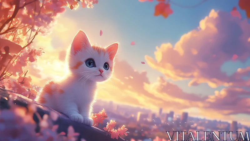 Kitten on ledge against sunset sky and distant cityscape.