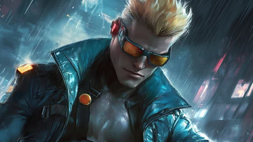 Cyberpunk vigilante stands brooding under neon city rain