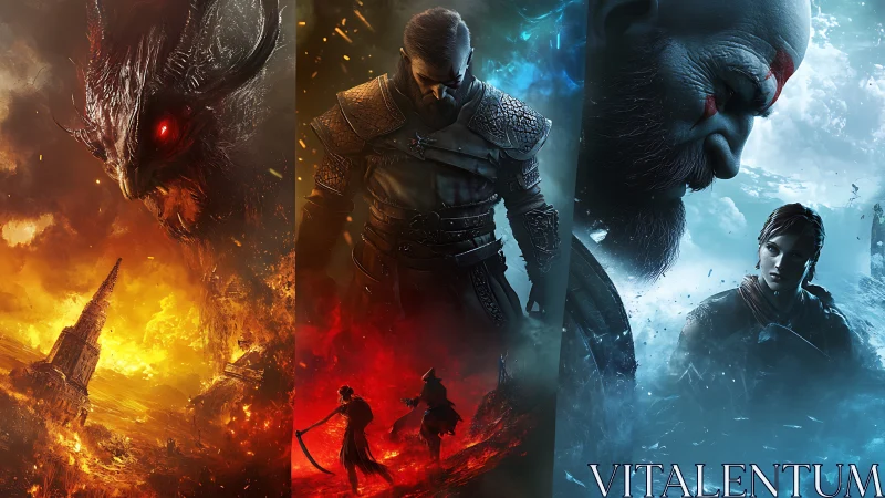 Triptych of fantasy warriors in elemental inferno and frostscape.