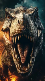 Roaring tyrannosaurus lunges through fire and storm.