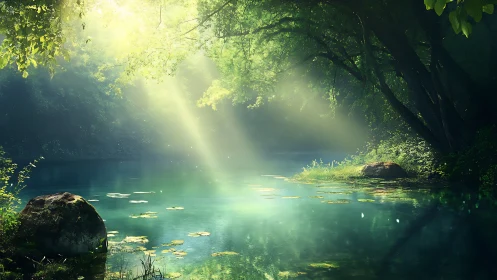 Digital painting of sunlit forest lagoon with atmospheric depth.
