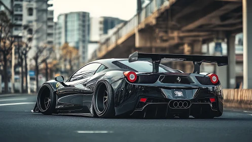Modified black supercar with widebody kit and large rear wing
