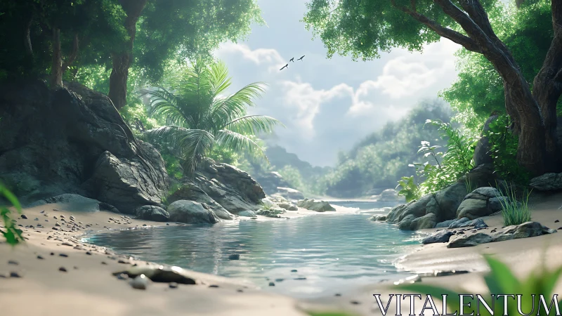 River gorge landscape rendered with tropical vegetation and clear water.