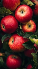 Ripe red apples hang on dense green branches in daylight.