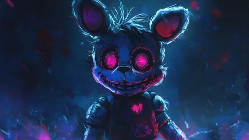 Neon-lit haunted bunny animatronic with glowing heart core