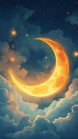 Glowing crescent moon hangs over luminous twilight clouds