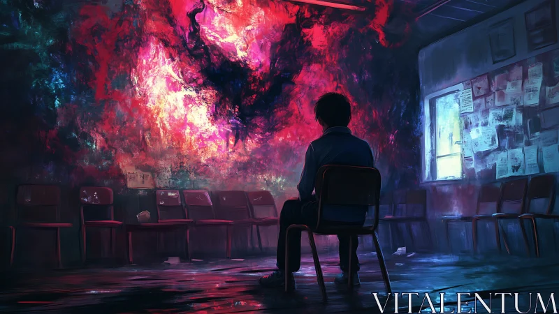 Boy confronts swirling cosmic portal in empty waiting room.