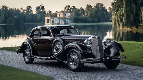 Vintage lakeside luxury car glowing in evening calm.