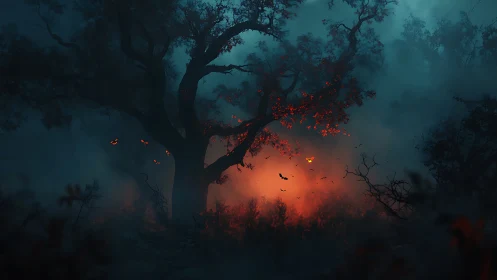 Cinematic haunted grove with ember-lit spectral foliage composition.