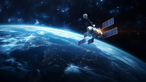 Communications satellite orbiting Earth above city lights.