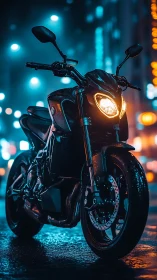 Sport motorcycle glows under neon city rain at night.
