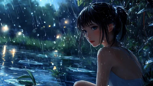 Girl sitting by reflective pond in heavy night rain.