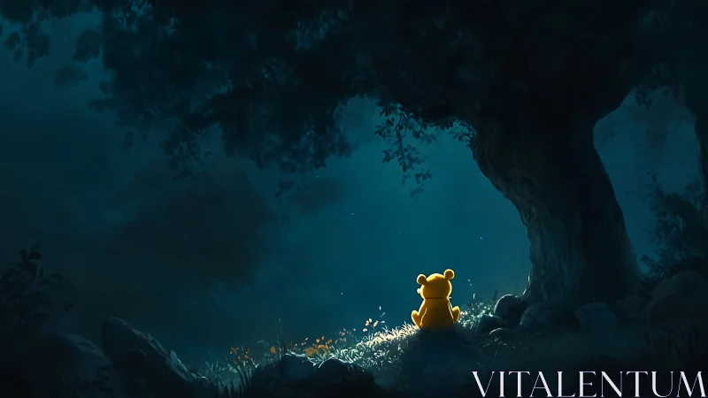 Yellow bear silhouette under moonlit forest tree at night.