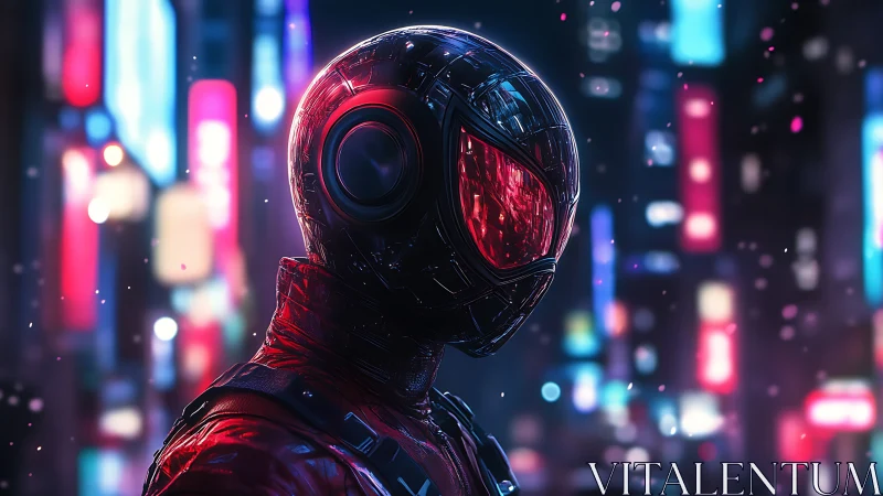 Neon-helmed night runner prowl in chrome drenched city haze.