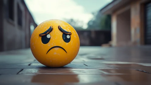 Sad emoji sphere on wet pavement in shallow depth render.