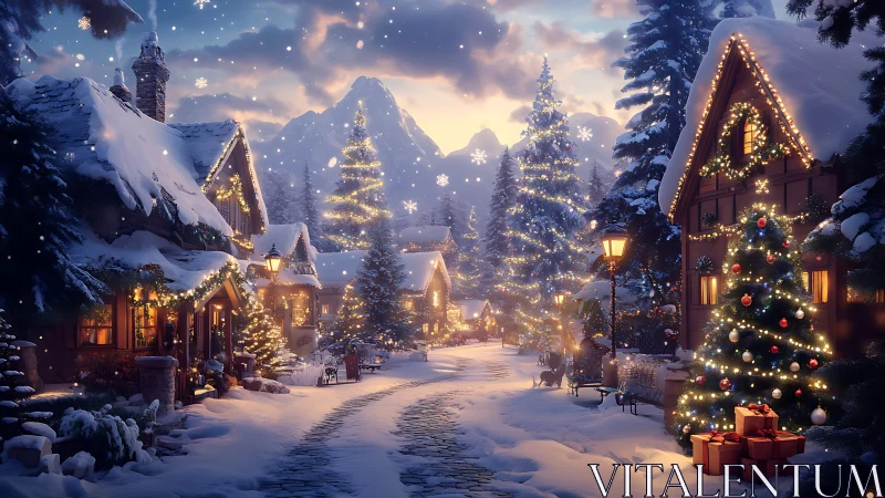 Snow-lit alpine village street renders nostalgic festive serenity
