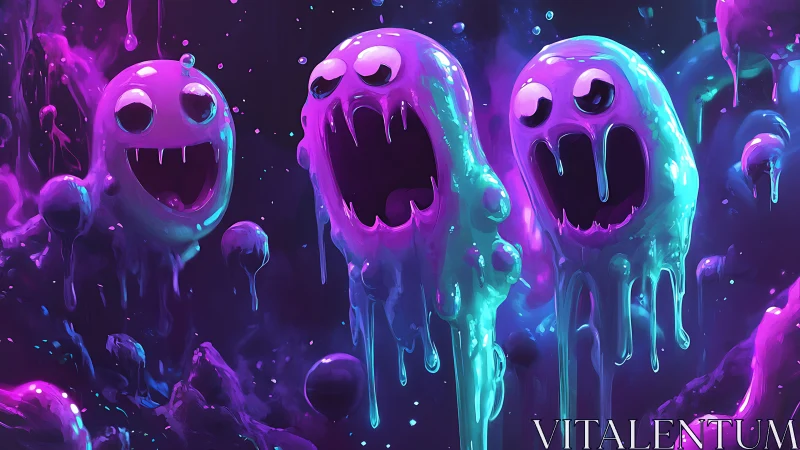 Three neon slime ghosts float and drip in dark space