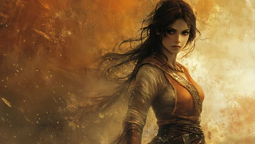 Stormlit ember warrior wrapped in swirling golden dust storm.