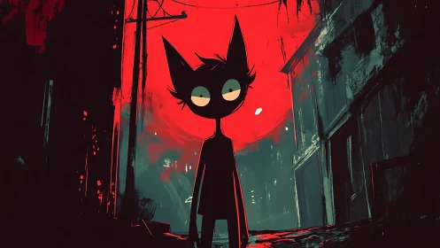 Silhouetted cat figure under blood red urban moon