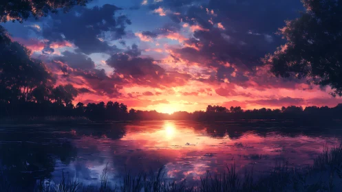 Gentle lakeside sunset wrapped in glowing pink and gold light.