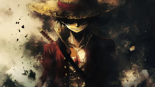 Straw hat adventurer emerging from shadows with quiet fire.
