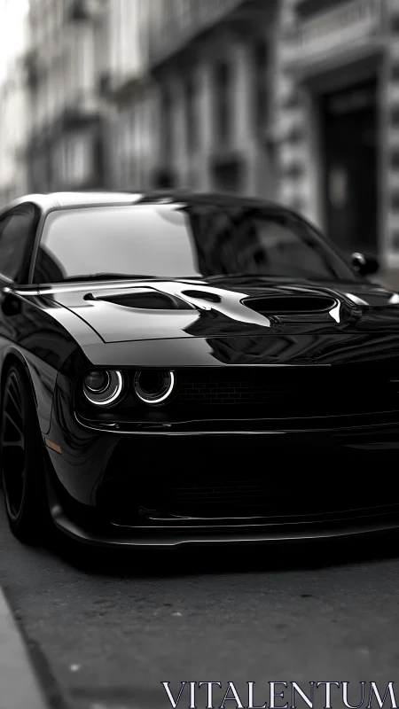 Black muscle car prowls a city street in moody focus.