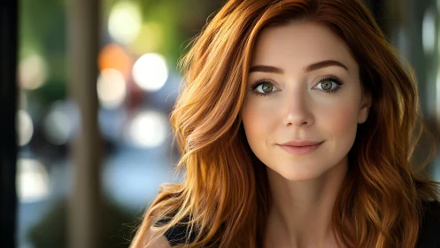 Close-up portrait of red-haired woman in natural daylight bokeh