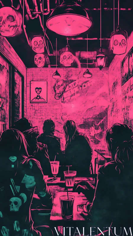 Neon skull café interior with silhouetted patrons at night.
